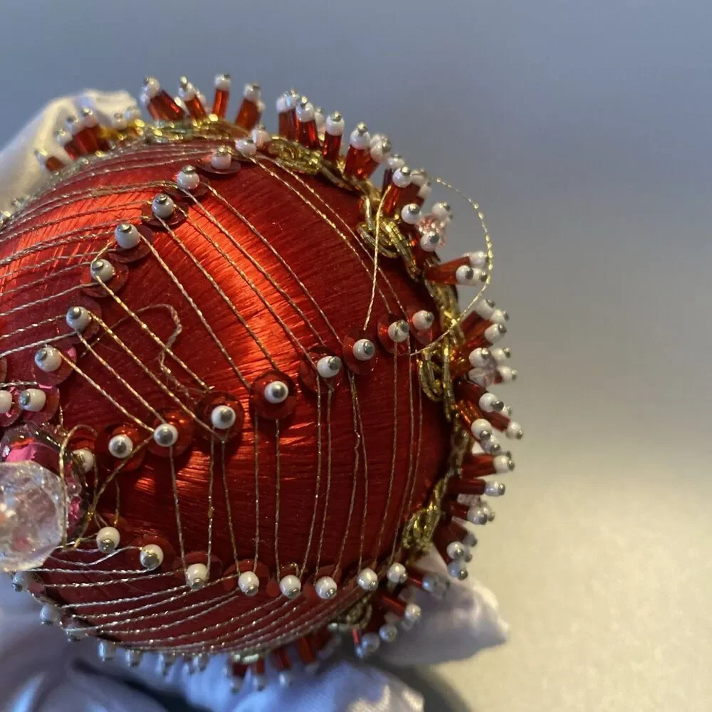 Vintage Christmas Red Gold Beaded Push Pin Ornate Ball Ornament Large Handmade